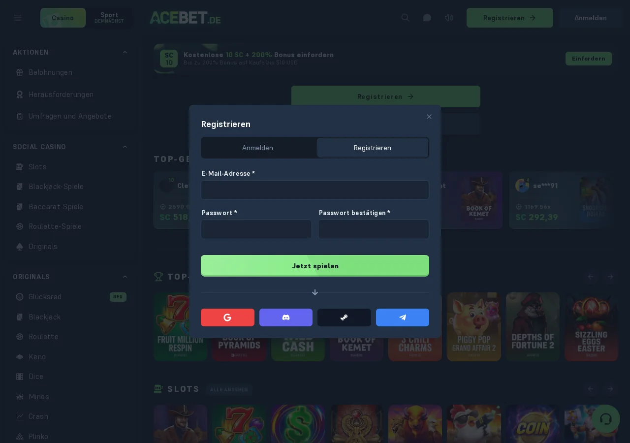 Acebet.de: Registrierung und Konto